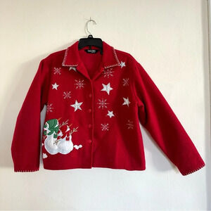 Vintage Take Two Christmas Wool Blend Sweater Coat Sz M Red Embroidered Snowman